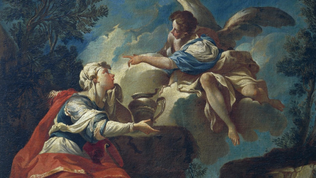 Francesco Manti malte im 17. Jahrhundert "Der Engel tröstet Hagar in der Wüste" mit Ölfarbe auf Leinwand.