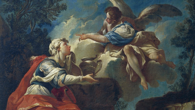Francesco Manti malte im 17. Jahrhundert "Der Engel tröstet Hagar in der Wüste" mit Ölfarbe auf Leinwand.